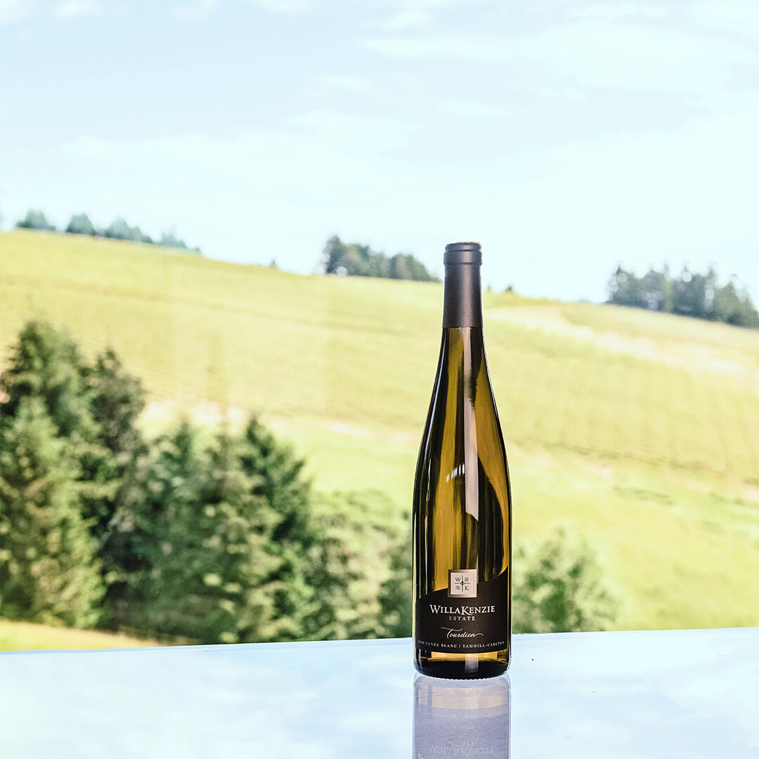 A shot of a WillaKenzie Estate wine bottle on a glass table over looking the vineyards.